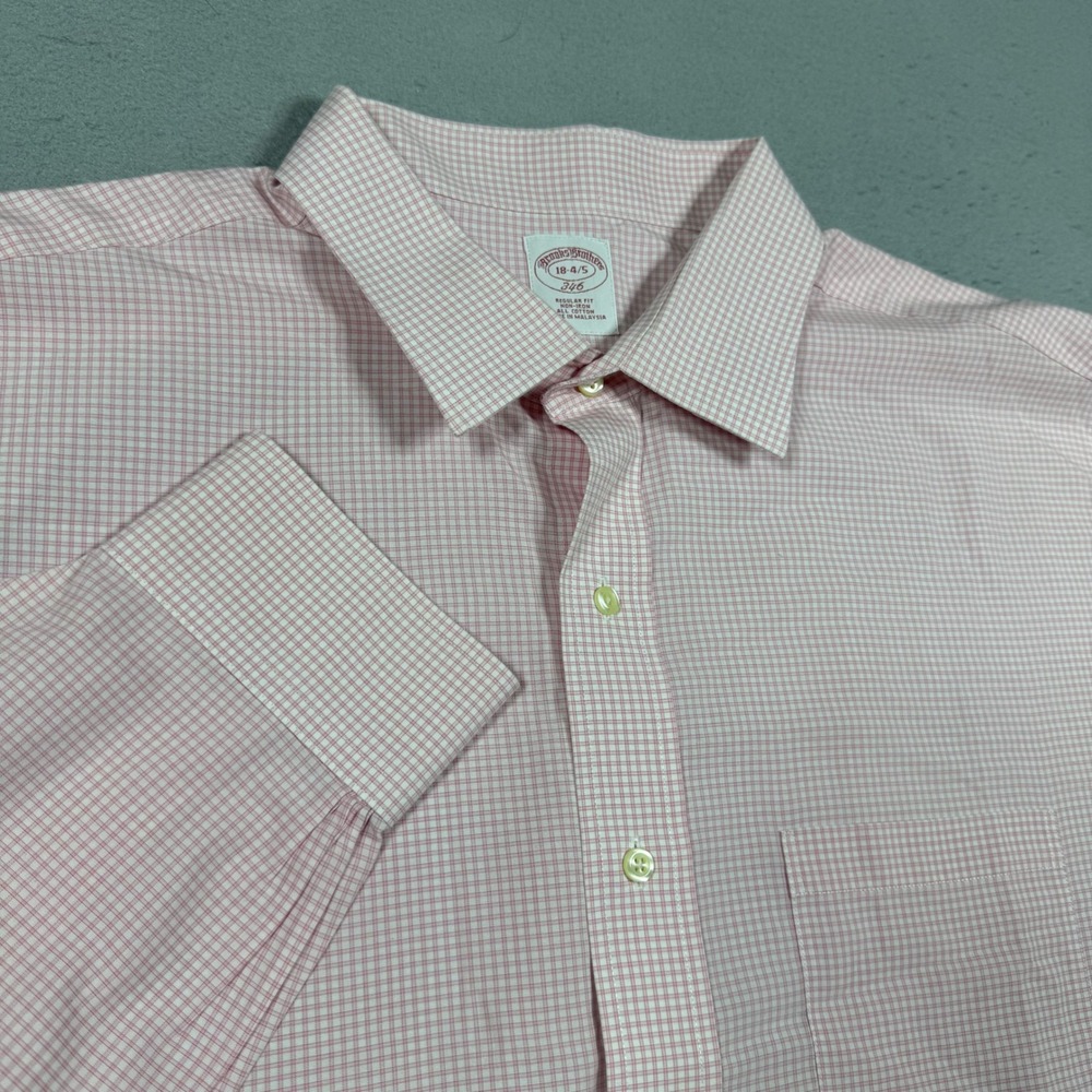 Brooks Brothers 346 Mens Pink White Gingham Non-Iron Regular Fit Shirt 18 4/5